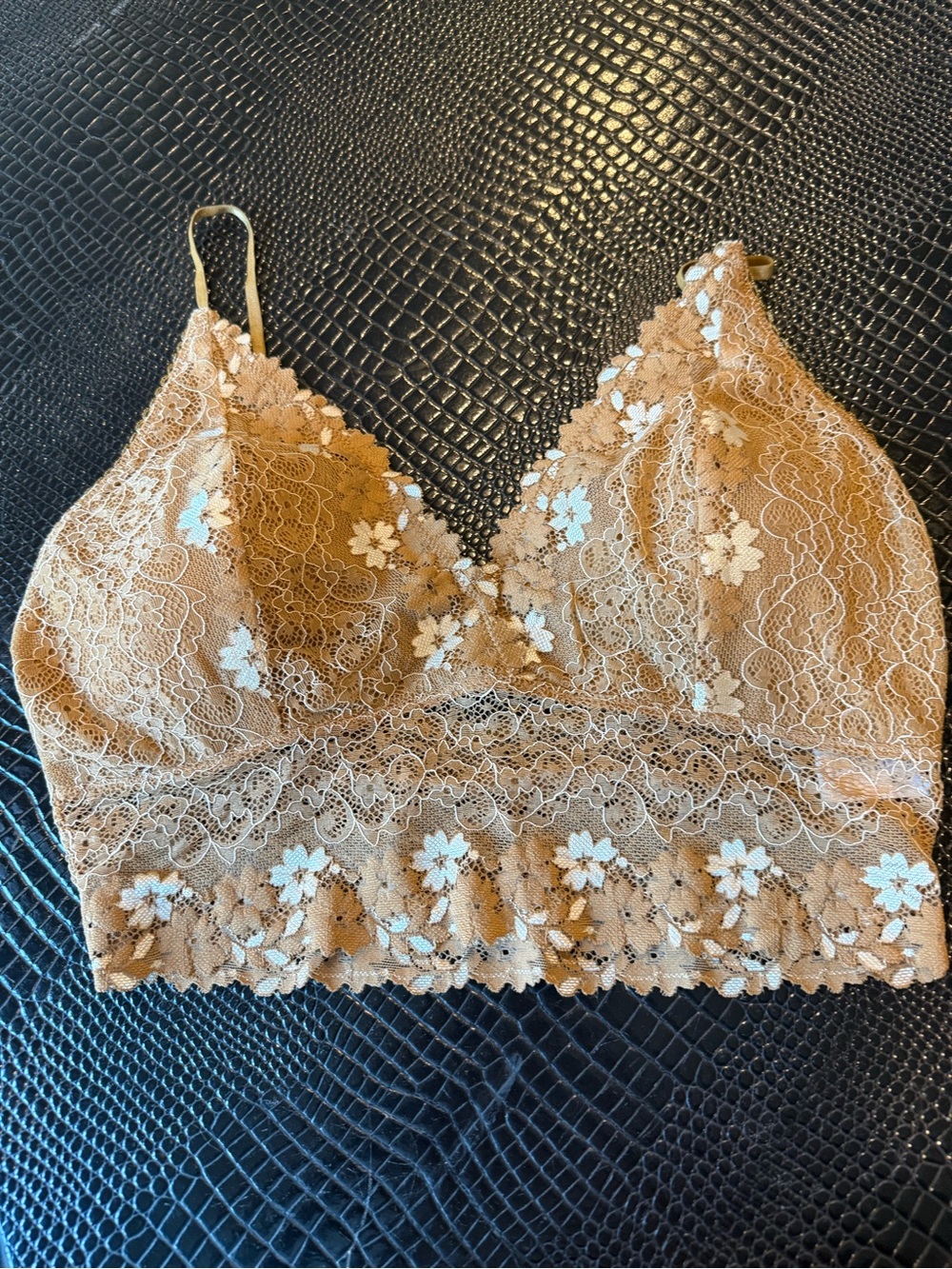 Lace Floral Bralette in Tan with White Embroidery